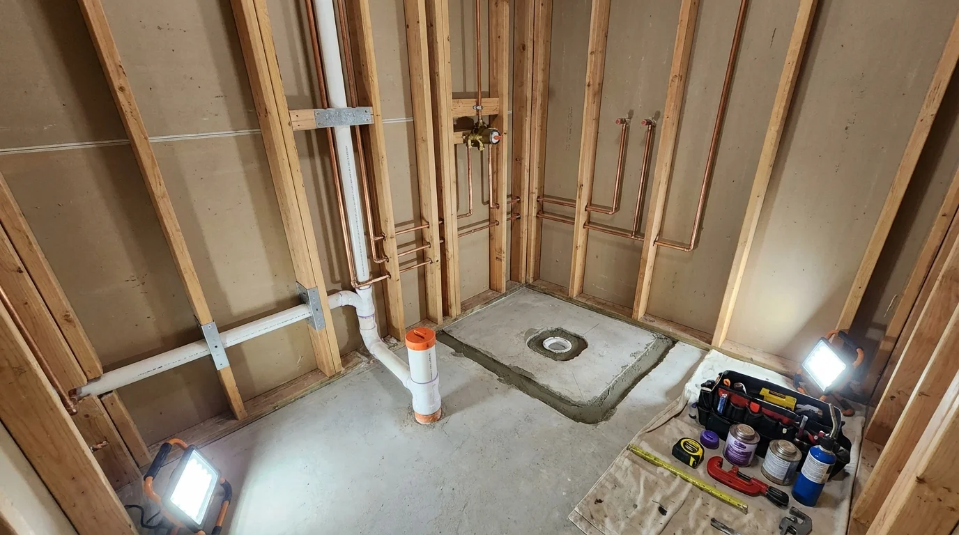 Bathroom rough-in plumbing during remodel by Johns Plumbing LLC in Oelwein