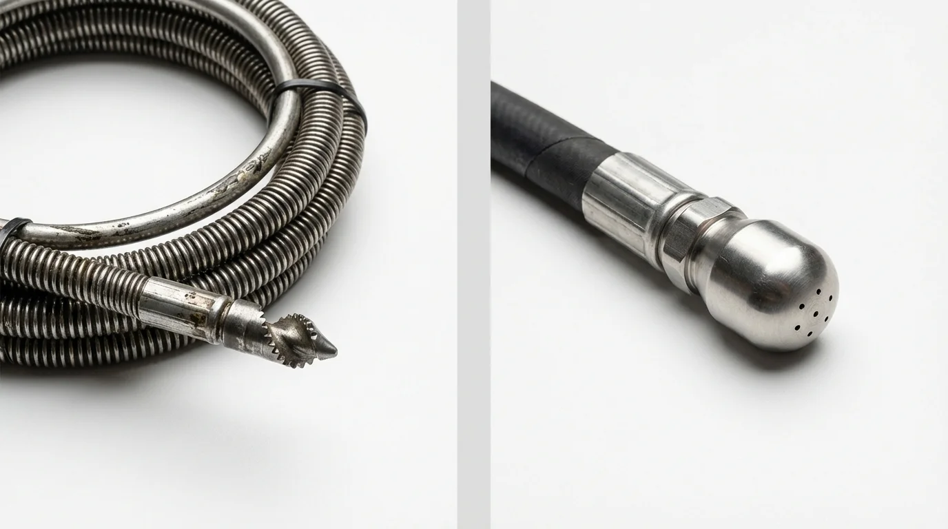 Drain snake cable and hydro jetting nozzle used for drain cleaning in Oelwein, IA