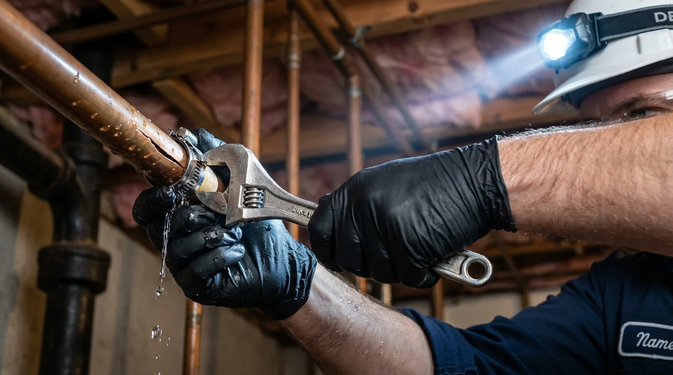 Emergency pipe clamp repair being performed by a Johns Plumbing LLC plumber in Oelwein