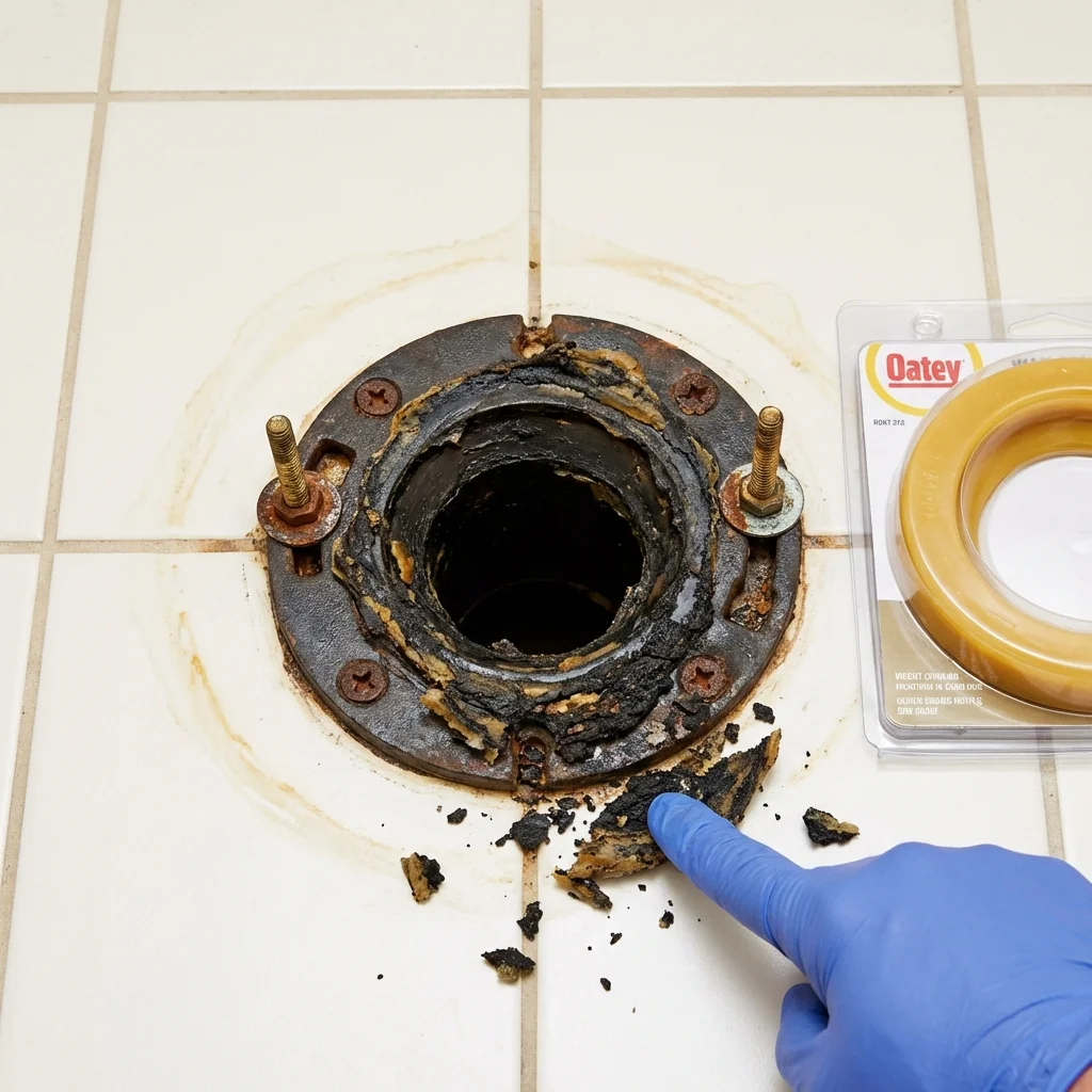 Failed wax ring showing water seepage at the base of a toilet in a Oelwein, IA home