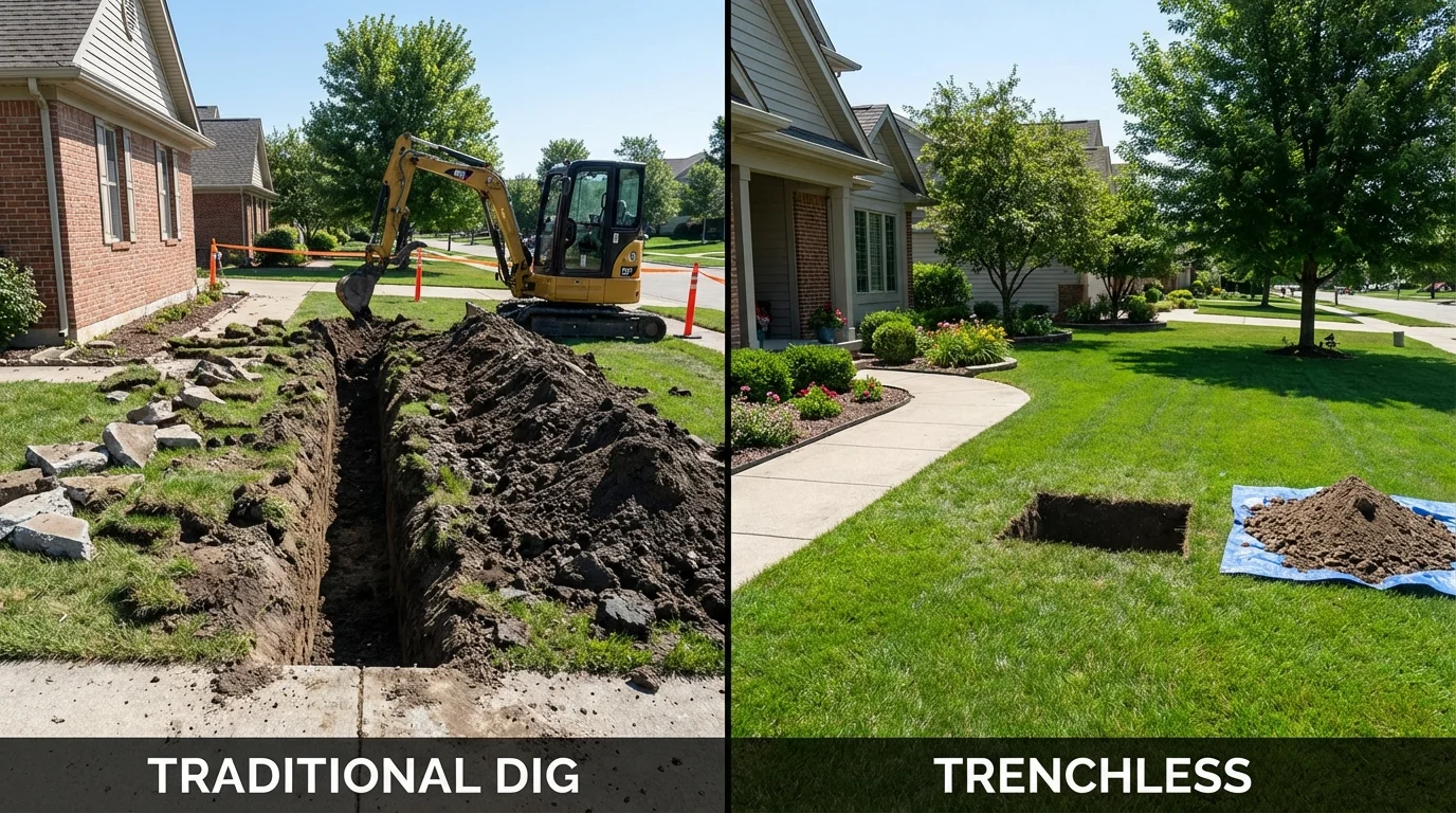 Trenchless sewer repair with minimal yard damage versus traditional excavation in Oelwein, IA