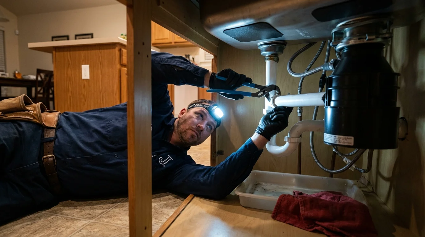 P-trap and supply line connections under a kitchen sink showing a common leak point in Oelwein, IA